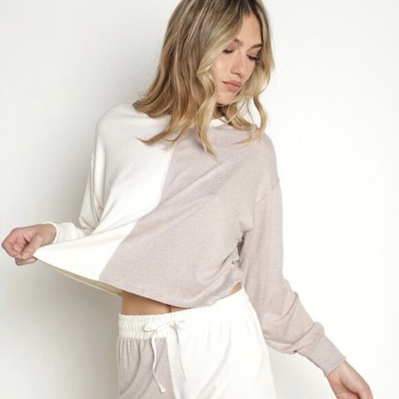 Z Supply Sweatshirt Esme Color Block Long Sleeve Top Bone Taupe Brushed Jersey L - Picture 2 of 13